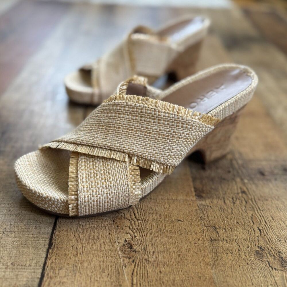Aerosoles Madina Raffia Straw Slides Sandals Cork Heel Size 9 Tan Comfort